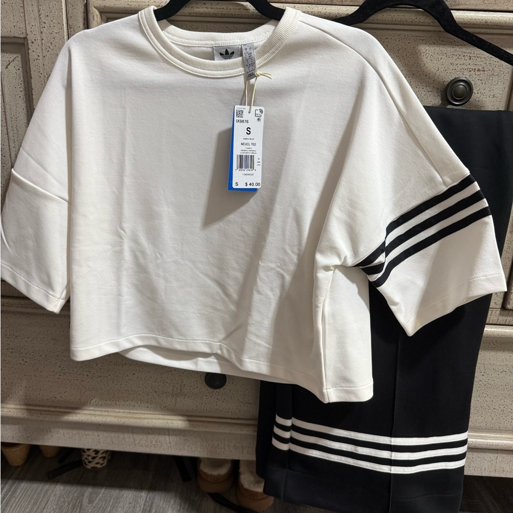 Adidas White and Black Cropped Shirts. Cream and black mix and match